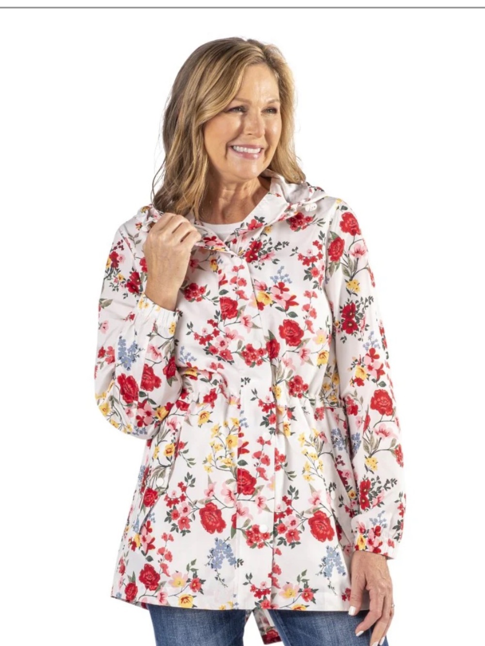 Linda Anderson Rose Floral Hooded Drawstring Raincoat Size L